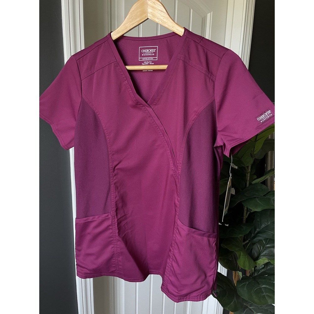 NWT Cherokee Workwear Revolution Maternity Scrub Top Mock Wrap Wine XS